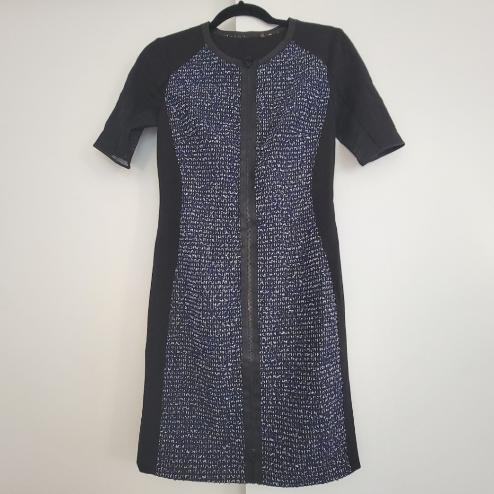Ellie Tahari Black and Blue Paneled Leather Trim Sheath Dress - Size 2